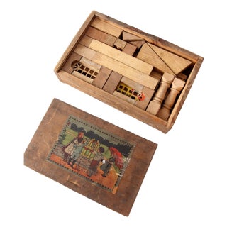 Victorian Wooden Building Blocks With Dovetail Box, 37 Pieces For Sale