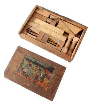 Victorian Wooden Building Blocks With Dovetail Box, 37 Pieces