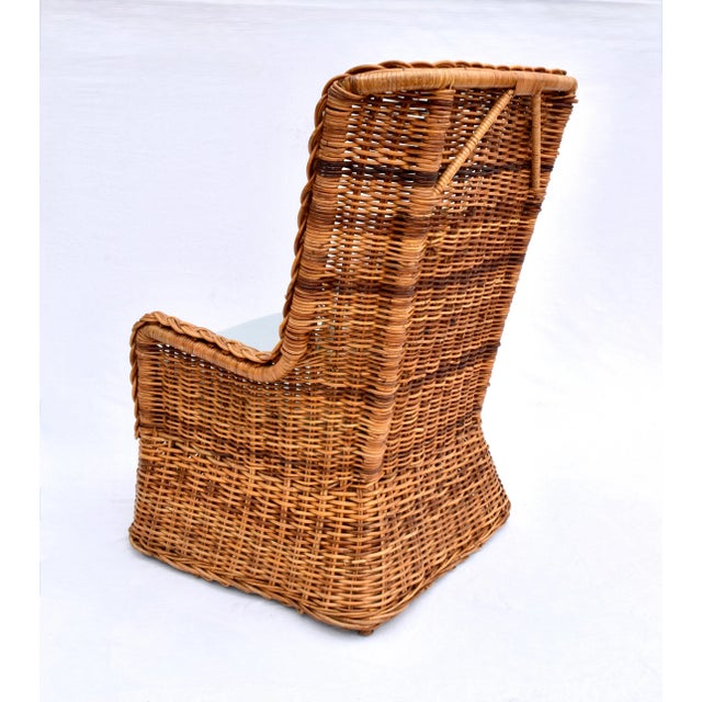 1960s Sculptural Braided Wicker Wingback Rattan Chair & Ottoman Set For Sale - Image 9 of 12