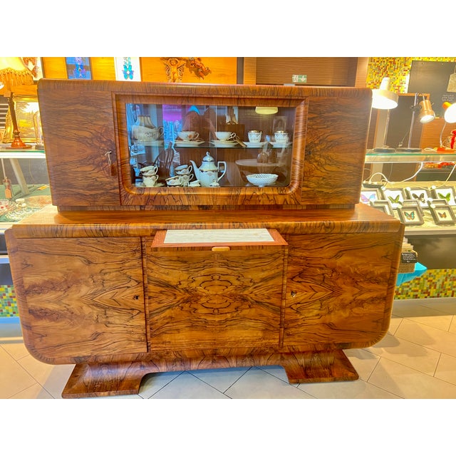 German Art Deco Sculptural Burl Walnut Credenza with Vitrine and Marble Serving Slide, 1932 For Sale - Image 15 of 15