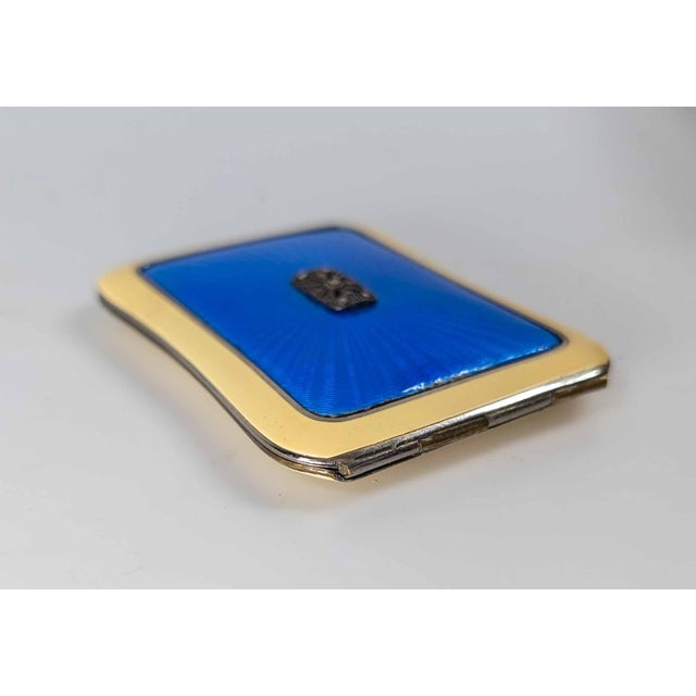 Mid-Century Vintage Blue and Cream Guilloche Enamel Makeup Compact For Sale - Image 4 of 9