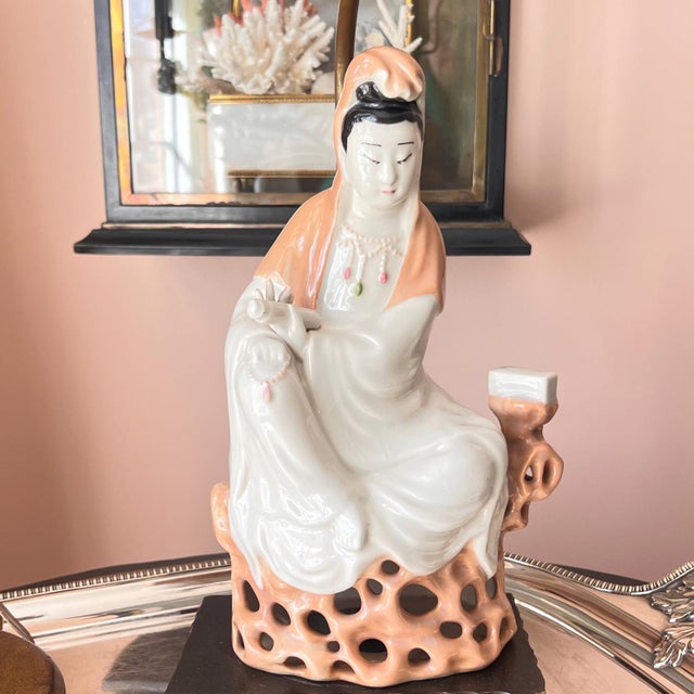 This is a beautiful figural Guanyin lamp that is 24" tall to top of harp, and 7" wide and 4" deep. Such a beautiful piece...