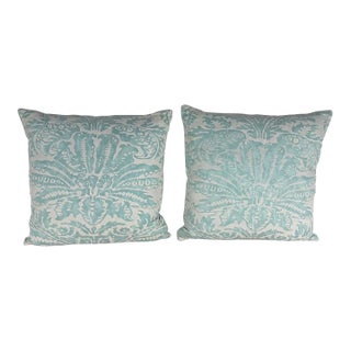 Pair of Aqua Fortuny-Style Linen Pillows For Sale