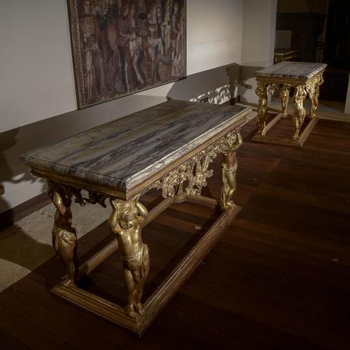 Goldenrod Carved Console Table with Marble Top and Cherubs For Sale - Image 8 of 18