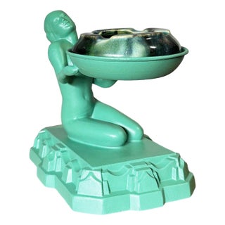 1920s Green Enamel Nuart Nude Female Ashtray With McCoy Ashtray For Sale