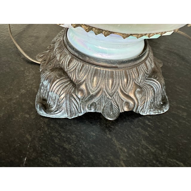 Pair of Hollywood Regency Lamps Large Opalescent Iridescent White Glass Bodies W/ Bronze Filigree Overlay 3-Way Switch 1970s For Sale - Image 11 of 11