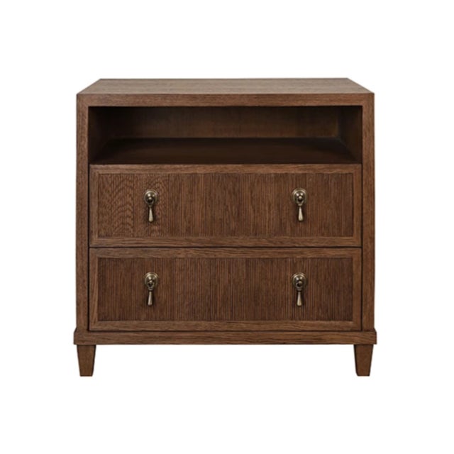 Wood Matthew Izzo Home Corine Fluted Front Provincial Brown Oak Two Drawer Side Table With Open Shelf and Brass Drawer Pulls For Sale - Image 7 of 7
