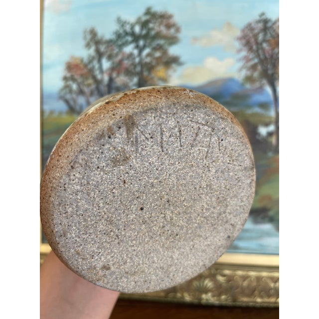 Beige Signed Vintage Studio Pottery Vase by Matay, Hand Thrown Stoneware With Speckled Glaze and Cobalt Brush Accents. For Sale - Image 8 of 10