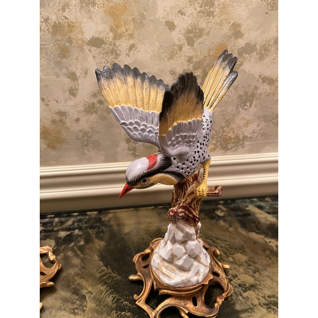 Art Nouveau Vintage 1970s Hand Painted Porcelain Bird on a Branch With Gilded Metal Base - a Pair For Sale - Image 3 of 10