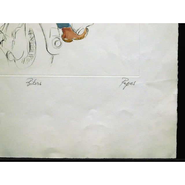 1980s William Papas "Bikers" Signed Numbered Hand Colored Etching of Motorcyclists For Sale - Image 5 of 7