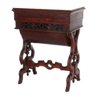 Antique Renaissance Revival Walnut Drop Front Sewing Stand C1890 For Sale