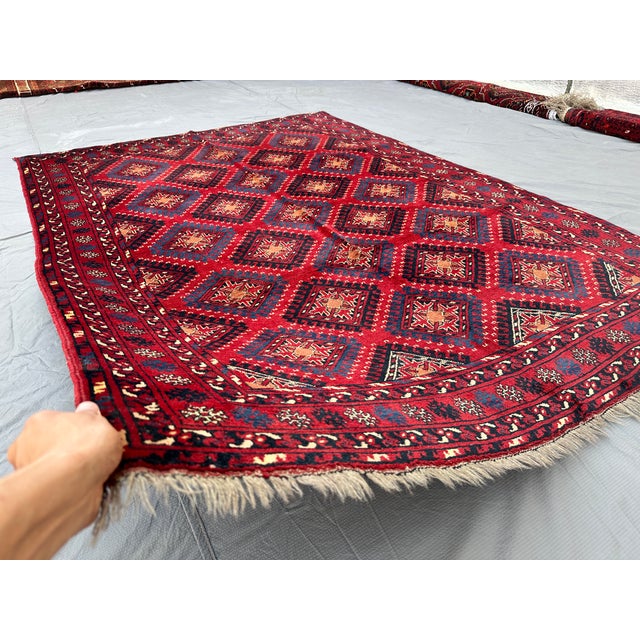 Hand-Knotted Crimson Red and Navy Blue Allover Geometric Wool Area Rug, 6'9" X 4'10" For Sale - Image 6 of 11