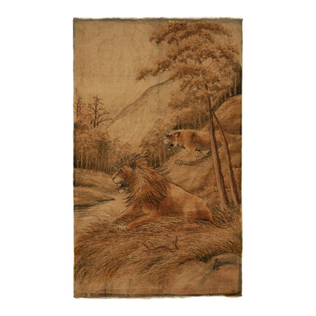 Handwoven Antique Japanese Tapestry in Beige-Brown Lion Pictorials For Sale