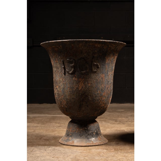 Industrial Large Antique Cast Iron Garden Urn Planters For Sale - Image 3 of 9