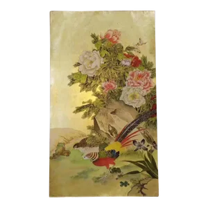 Chinoiserie Hand Painted Artwork on Gold Metallic Wallpaper Panel