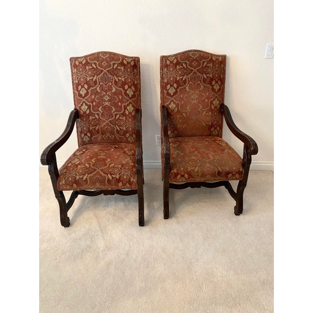 Baroque Style Renaissance Revival Tuscan Tall Back Carved Open Armchairs Upholstered Seat and Back Excellent Condition. For Sale - Image 17 of 17