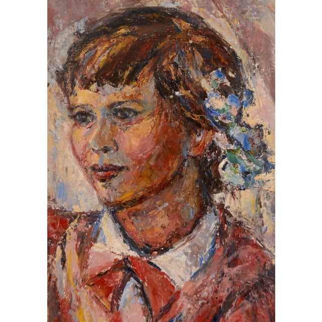 Mid-century fauvist portrait of a girl with colorful, textured impasto by Mary Sheppard (American, 20th Century), 1956....