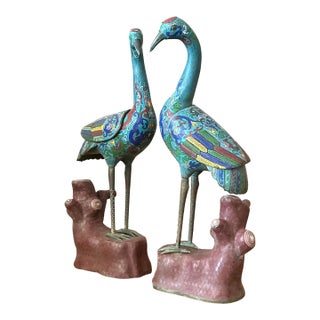 Vintage Asian Cloisonné Enameled Cranes - Set of 2 For Sale
