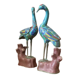 Vintage Asian Cloisonné Enameled Cranes - Set of 2