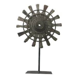 Large Antique Folk Art Primitive Wooden Spoke on Custom Iron Stand/Found Object