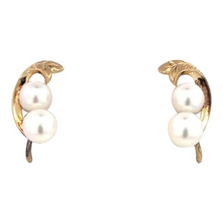1990s Mikimoto Estate Akoya Pearl Earrings 14k Y Gold 6.44 mm, 2 pieces For Sale