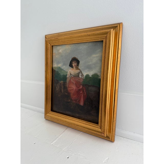 Portraiture Peasant Girl With Red Skirt Antique Oil Painting For Sale - Image 3 of 6