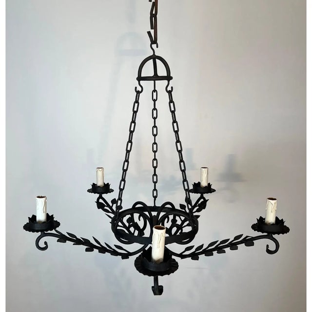 Wrought Iron Chandelier With 5 Arms Decorated With Leaves For Sale - Image 9 of 9