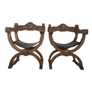 19th Carved Walnut Leather Savonarola Bench or Settee - a Pair For Sale