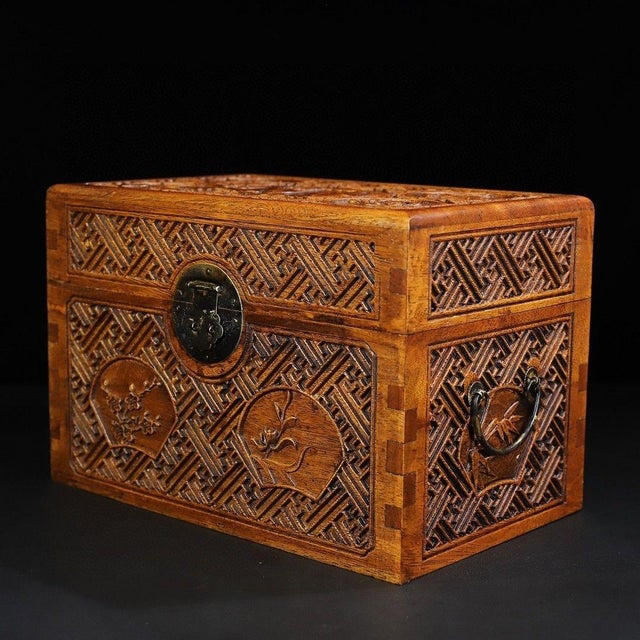 This is a beautifully crafted vintage Chinese wooden treasure box, likely made of Huanghuali or a similar fine hardwood....