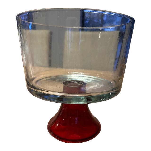 Mid Century Modern Vintage Med Punch Bowl Valentine’s Day Clear Glass Red For Sale