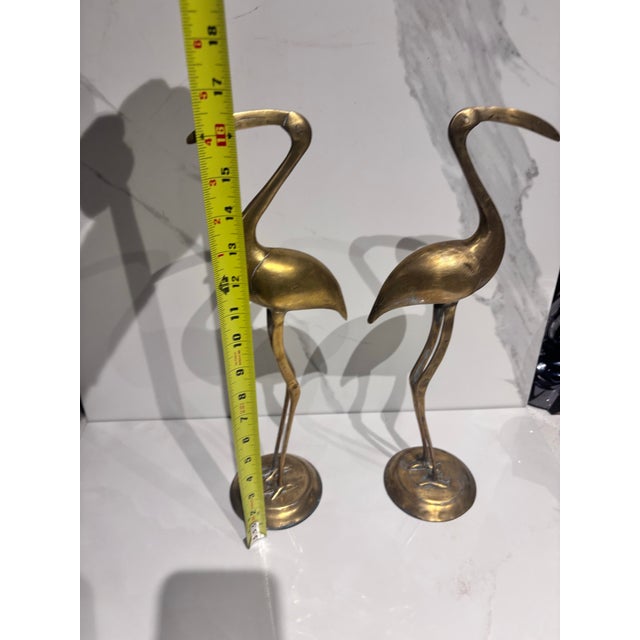 A Pair of Vintage Solid Brass Crane Figurines Standing Gracefully on Round Bases With a Warm, Aged Patina. For Sale - Image 12 of 12