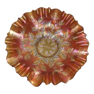 Antique Fenton Holly Berry Marigold Carnival Glass Bowl 9.5" For Sale