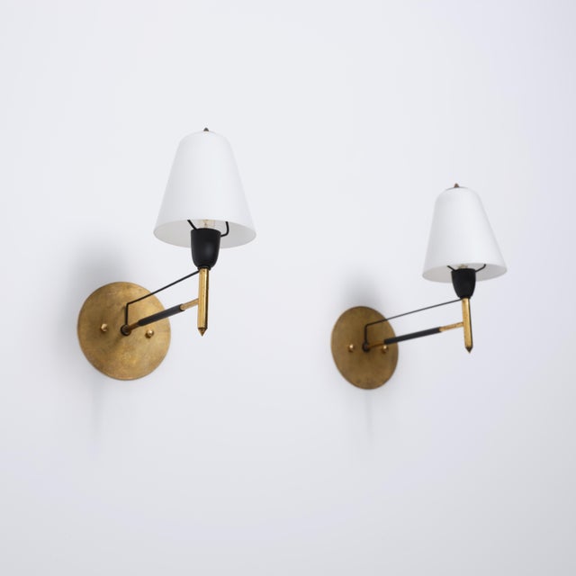 Italian Brass and Opaline Glass Wall Sconces, 1950s, Set of 2 For Sale - Image 4 of 13