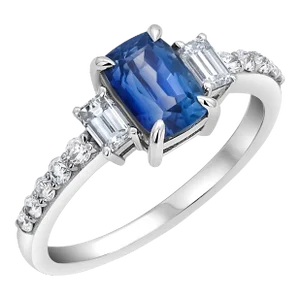 Emerald Shaped Ceylon Sapphire Diamond 1.66 Carat 18 Karat Gold Three Stone Ring Size 6