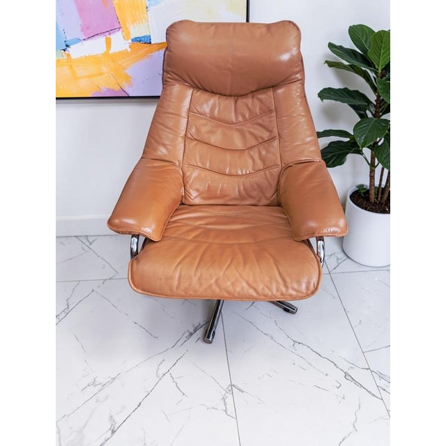 Metal Set of Mid-Century Modern Leather Lounge Chair and Ottoman from Skoghaug Industri, 1980 For Sale - Image 7 of 18