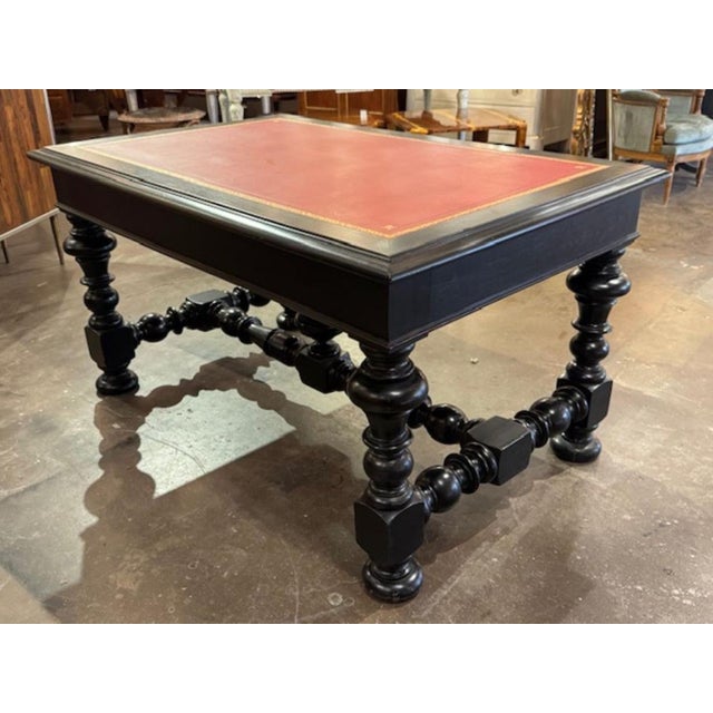 Italian Baroque Black Lacquered Writing Table With Red Leather Top For Sale - Image 4 of 6