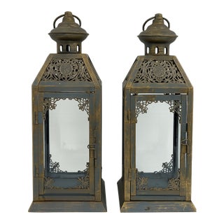 Pair of Metal Lanterns With Glass Panels For Sale