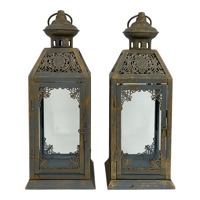 Pair of Metal Lanterns With Glass Panels For Sale