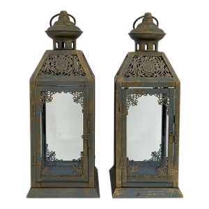 Pair of Metal Lanterns With Glass Panels