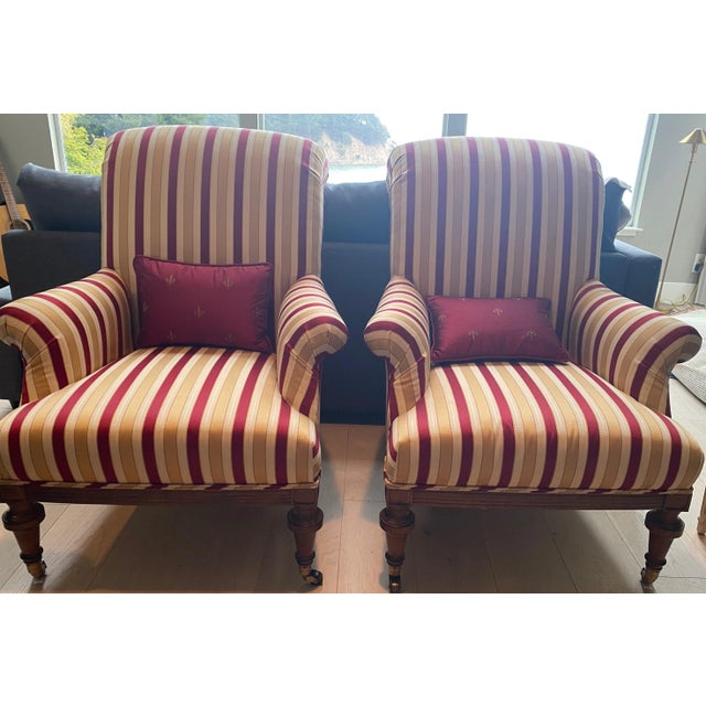 ONLY ONE CHAIR AVAILABLE - ONE HAS SOLD. High Quality Custom Schumacher Arlington Wingback Armchair in Walnut with Carved...