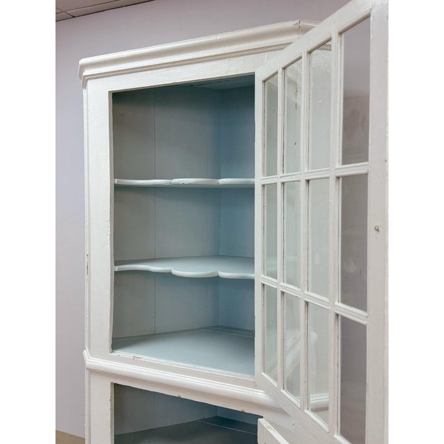 Antique Painted White Corner China Cabinet Pane Glass Door 1800s Display Cabinet For Sale - Image 11 of 18