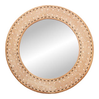 Bleached Teak 36" Round Inlay Mirror For Sale