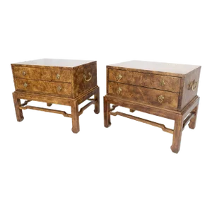 Burl Asian Campaign Fusion 2 Drawer Night Stands End Table Brass Pulls - A Pair