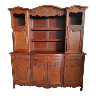 Antique 1900s Country French Louis XV Oak Buffet Cupboard Cabinet With Floral Carving For Sale