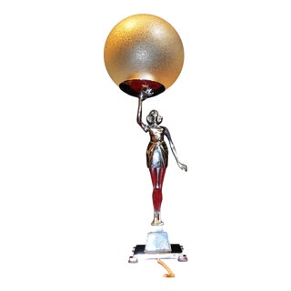 Art Deco British Chrome Figural Lady Table Lamp with Glass Globe Shade from Banksway, 1930s For Sale