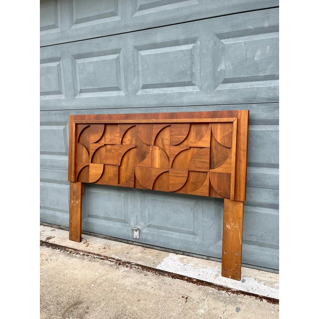 Brutalist Queen Headboard by Lane. A geometric abstract motif with deconstructed squares and circles. Relief-style wood...