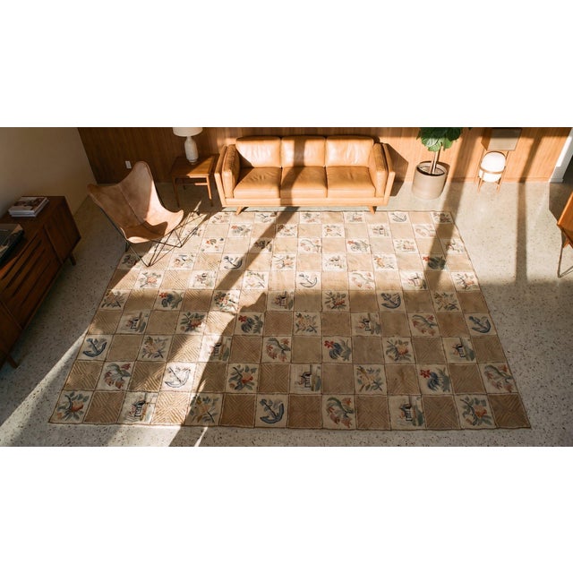 1930s Beige Rose Animal Folk Art Antique American Hooked Rug 10'0" X 13'9" Woven Wool Carpet For Sale - Image 11 of 12