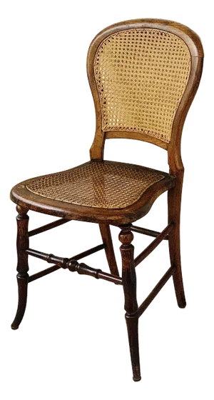 Early 20th Century Vintage Petite Boudoir Chair, Turned Fruitwood Legs and Stretcher With Balloon Caned Back and Seat, in the Style of Louis XVI