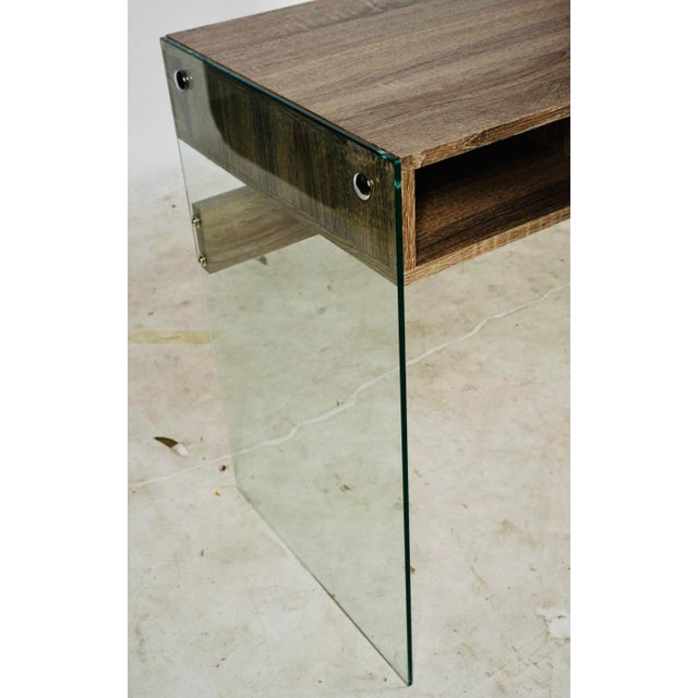 Modern Glass Waterfall Writing Desk / Minimalist Faux Bois Console With Drawer For Sale - Image 4 of 8