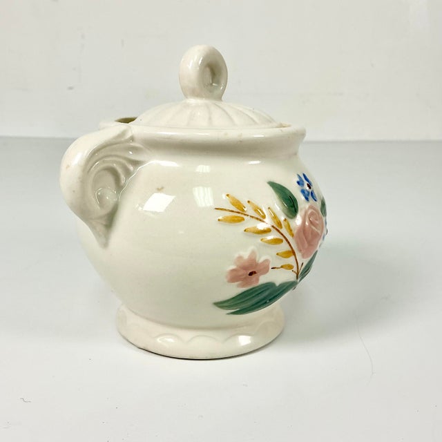 1940s Vintage Farmhouse Boho Chic Art Deco Porcelier Vitreous Cover Sugar Bowl For Sale - Image 9 of 11